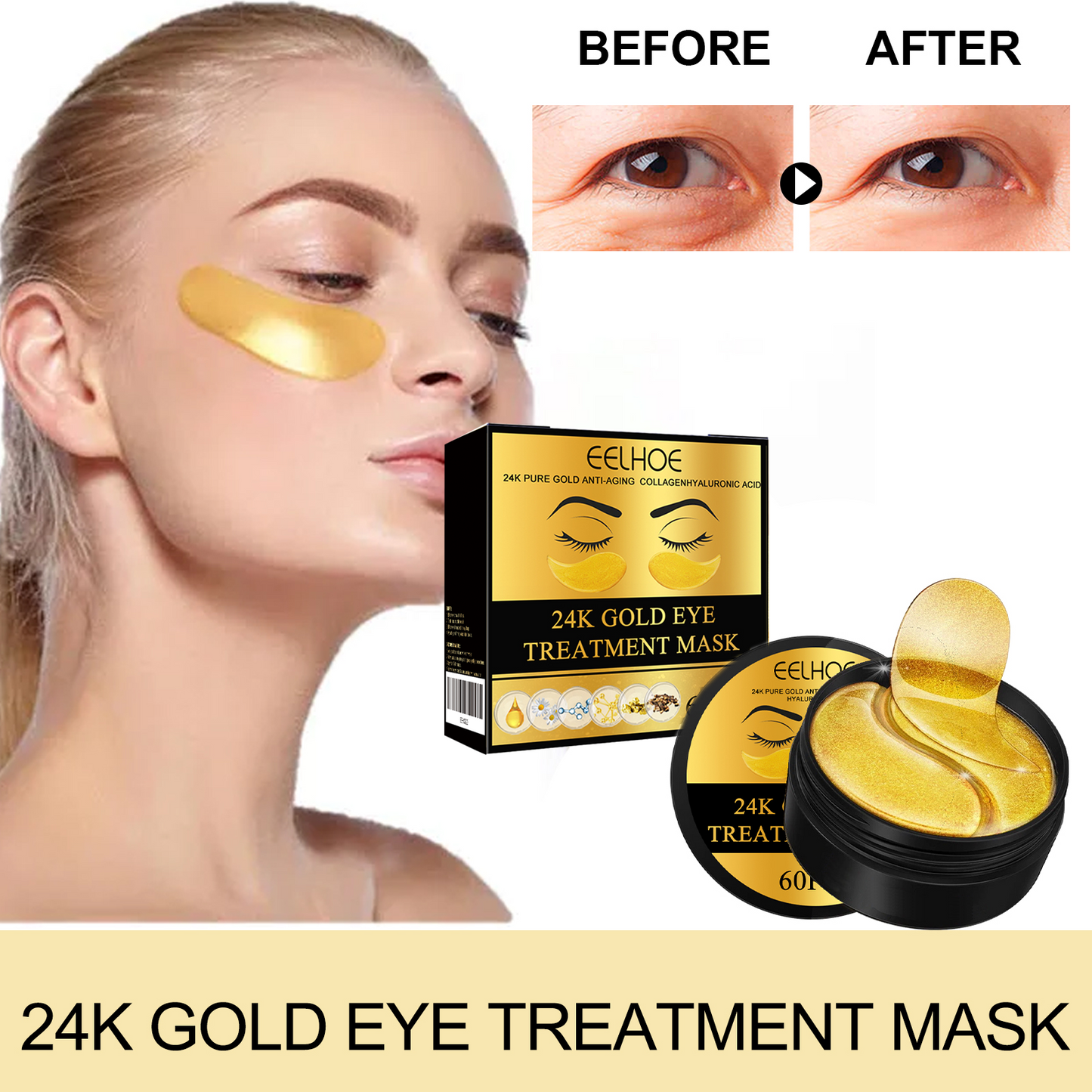 24K Gold Eye Mask Set - Hydrating Anti-Aging Under Eye Patches 60 Pieces