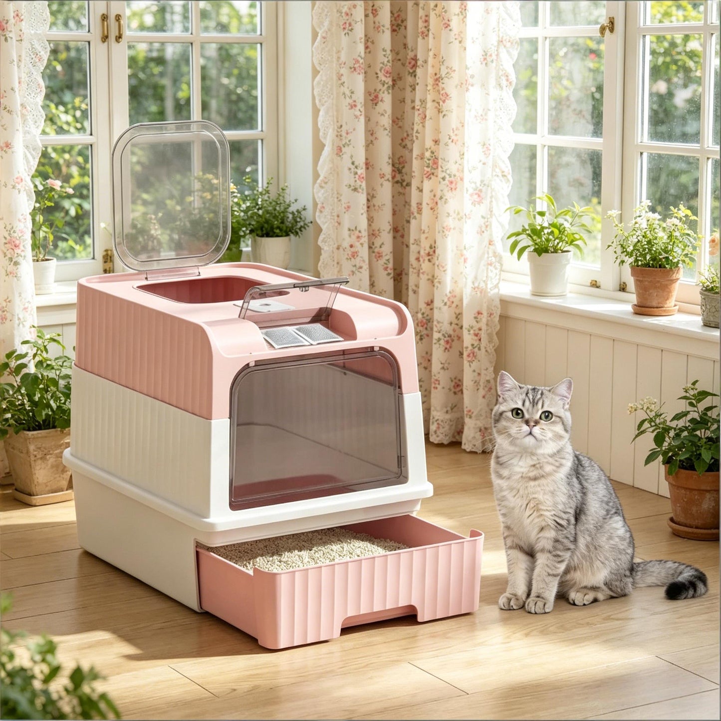 Compact Fully Enclosed Cat Litter Box - Pink & White