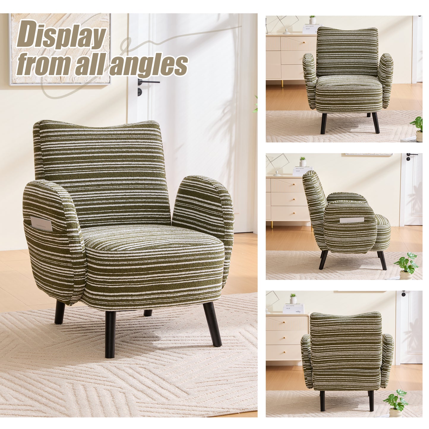 Modern Armchair with Side Pocket - Olive Green Reading Chair