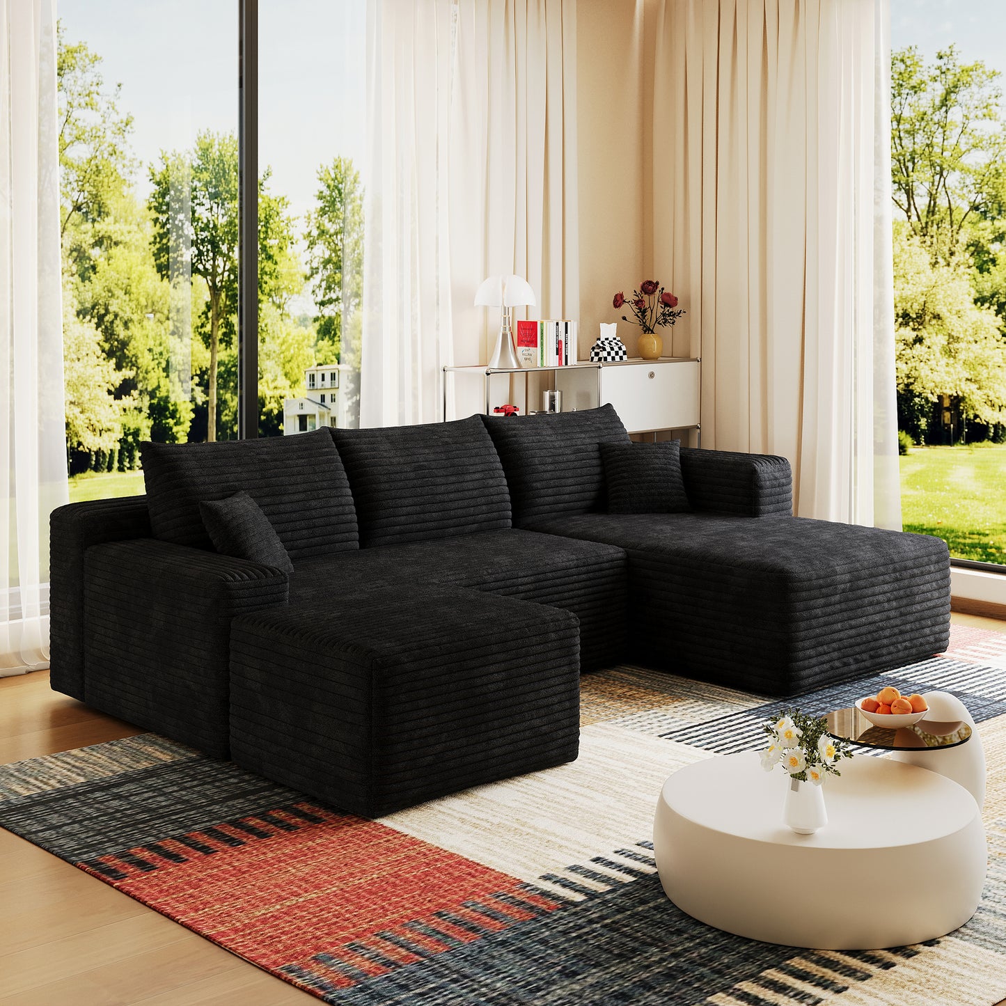 95" Cloud Sectional Sofa with Ottoman - Modern U-Shaped Couch in Black