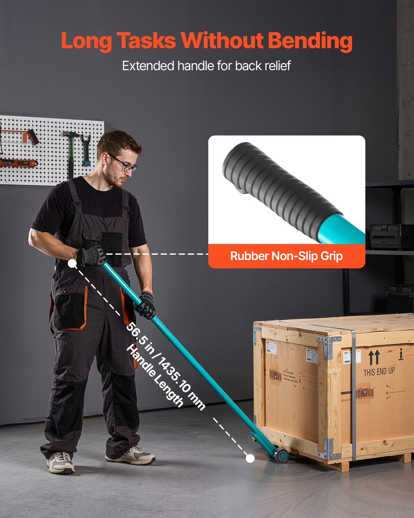 Heavy Duty Pry Lever Bar with Wheels - 56.5 Inch Carbon Steel Handle for Pallets & Heavy Equipment