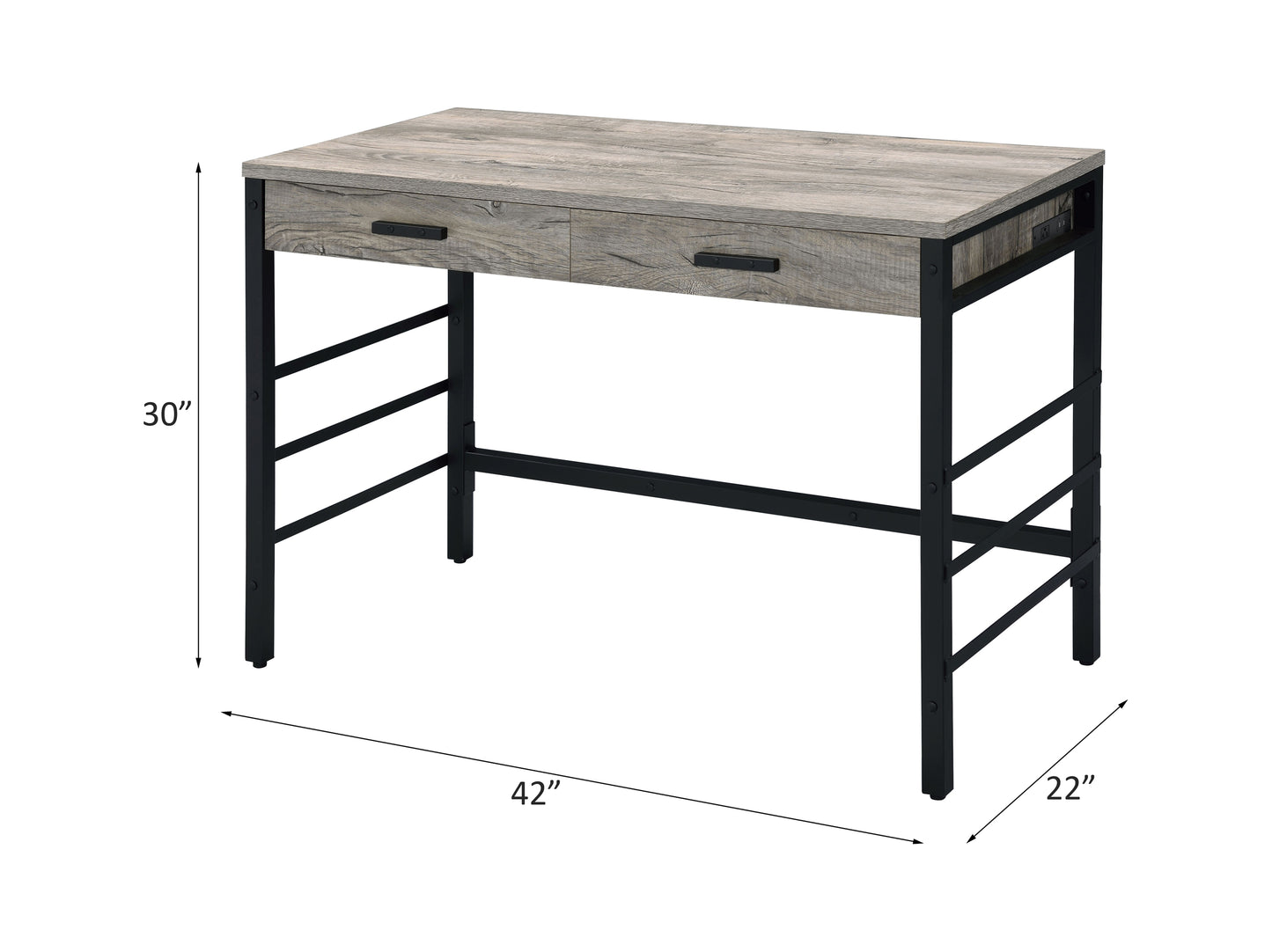 Light Weathered Oak & Black Writing Desk with USB Ports