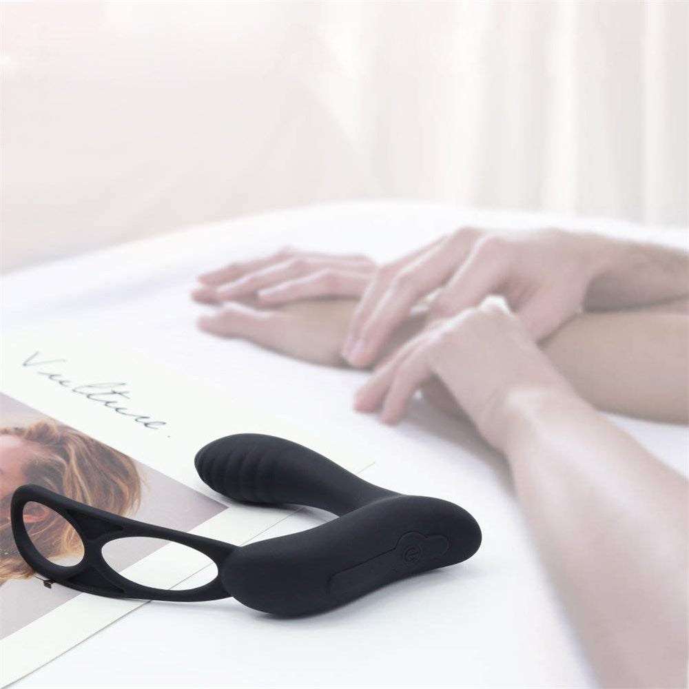 Anal Plug Vibrator with Penis Ring - Black