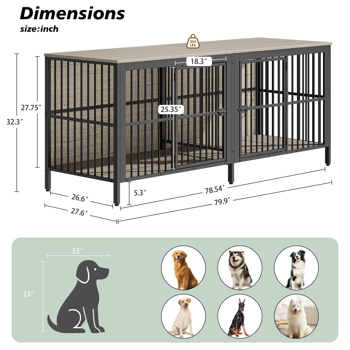 80 Dog Crate End Table, Heavy Duty 2-Door Indoor Pet Kennel,