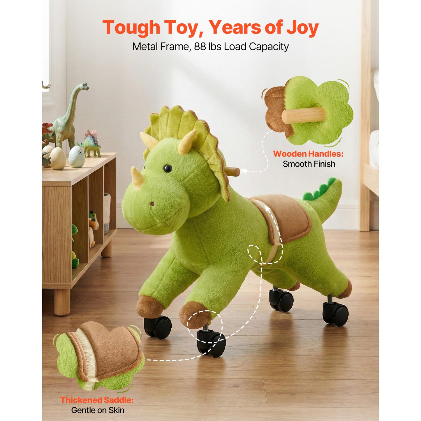 Ride-On Dinosaur Toy for Kids - Lifelike Roars, No Battery, 360° Wheels, Soft Seat, Max 88 lbs