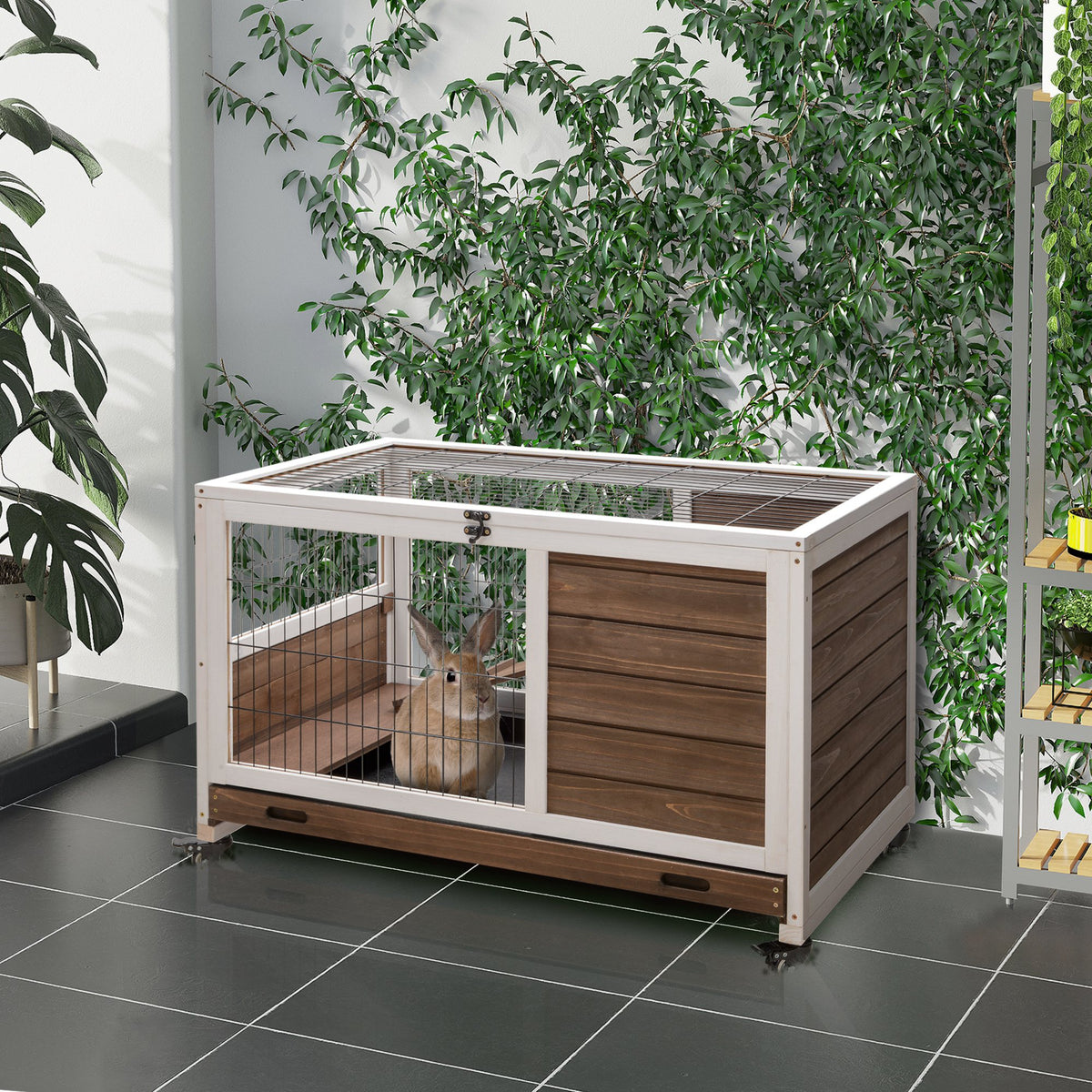 Indoor Rabbit Cage with Wheels & Pull-Out Tray - Small Animal House in Brown