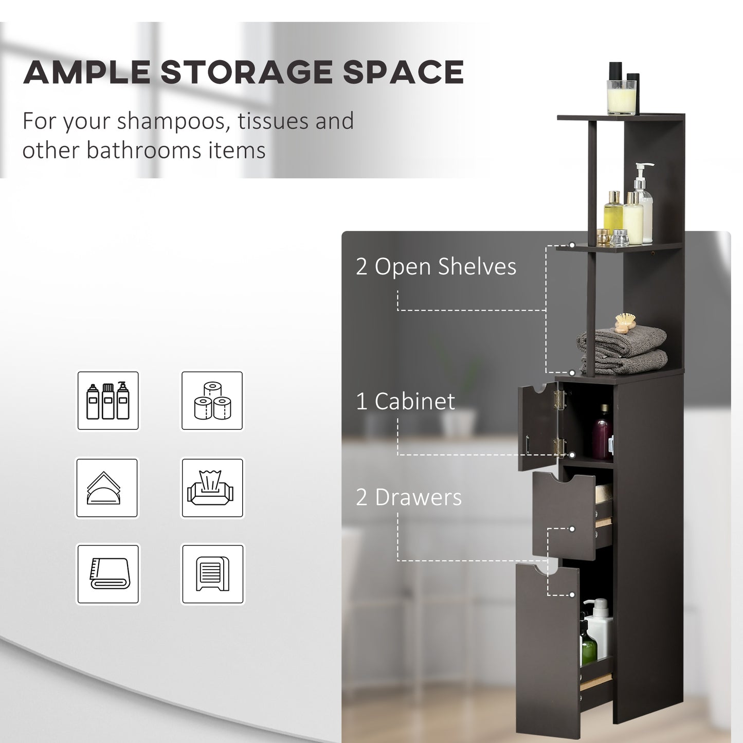 54" Tall Bathroom Storage Cabinet - Freestanding Linen Tower with 2-Tier Shelf and Drawers - Brown