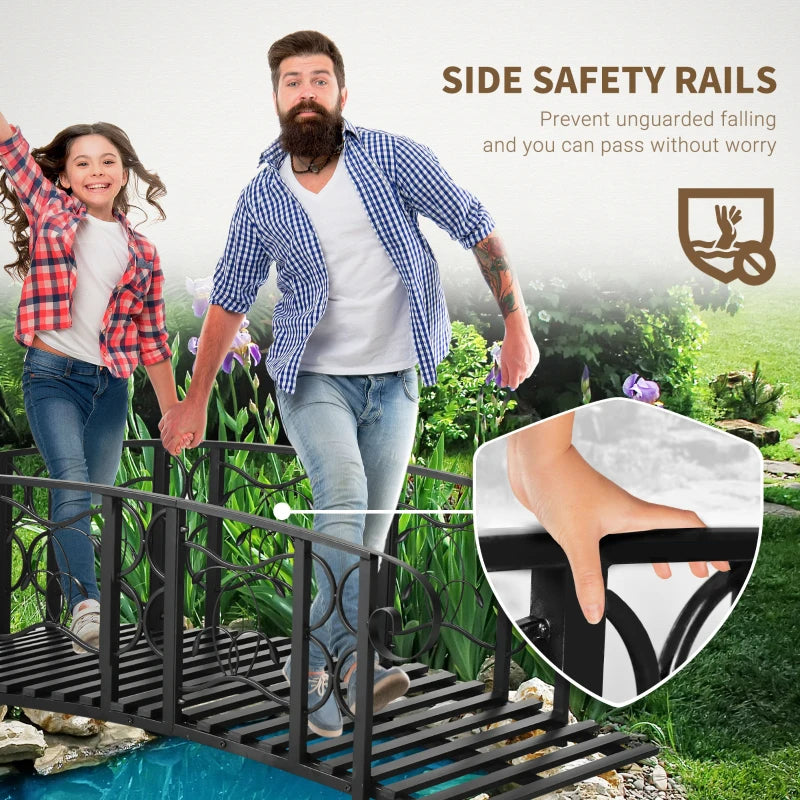 Metal Garden Bridge with 660 lbs Capacity, Safety Rail, Vine Motifs, Black