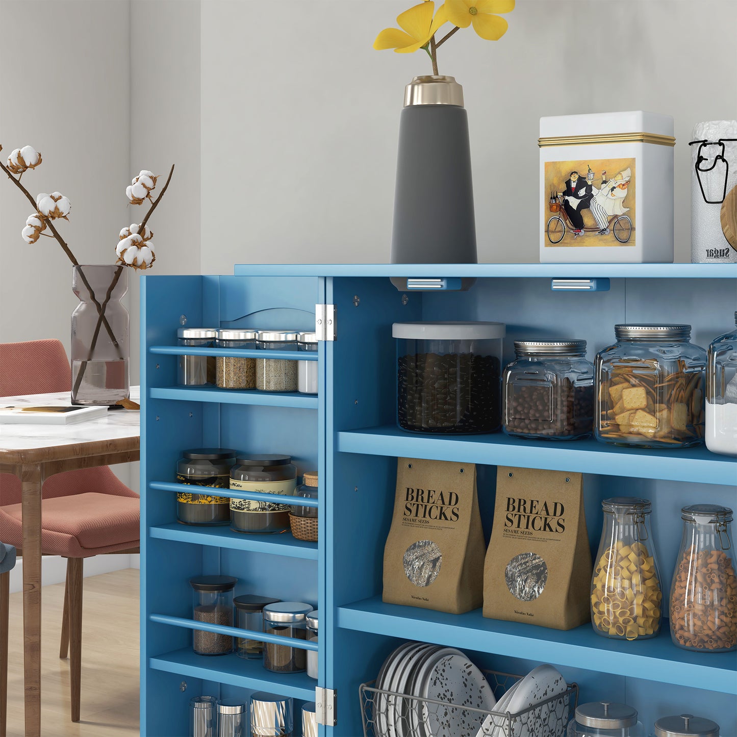 Freestanding Kitchen Pantry Cabinet with 12 Door Shelves - Blue