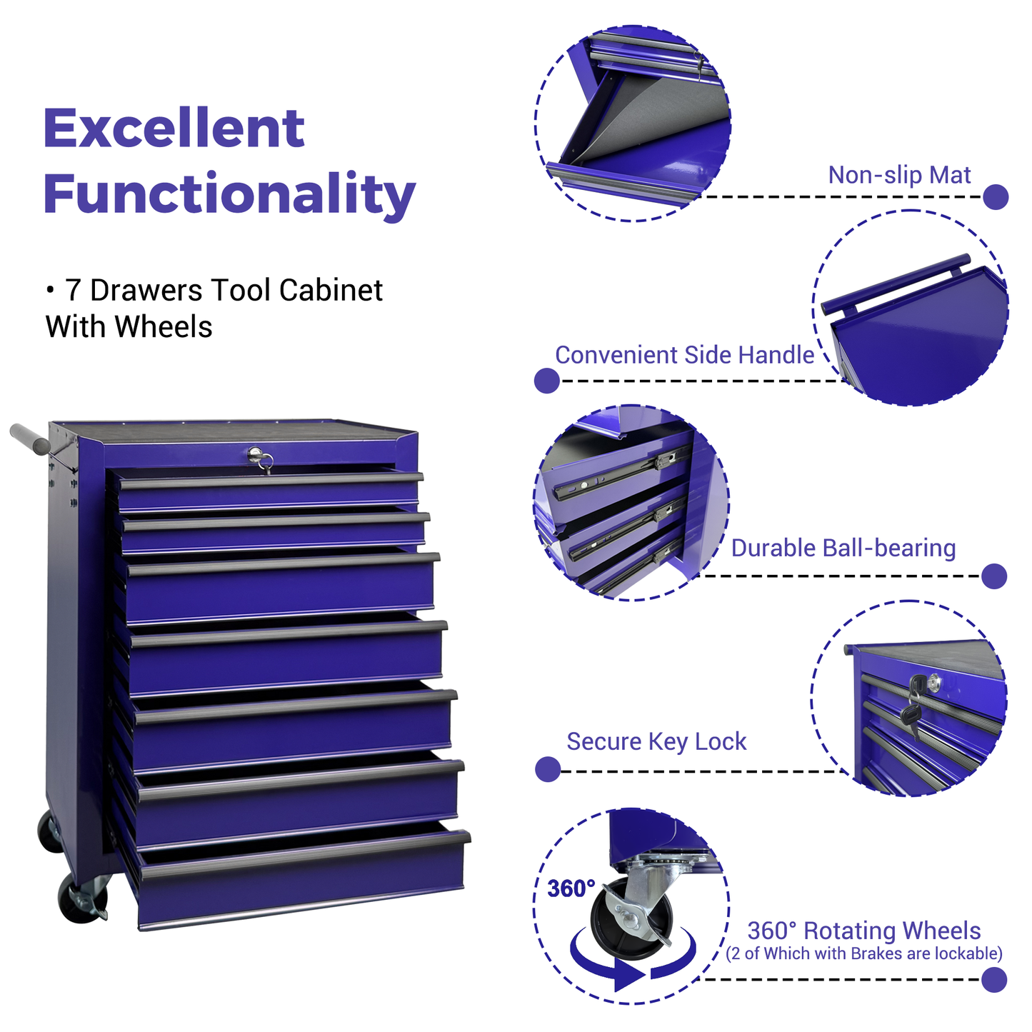 Rolling Metal Tool Chest with 7 Drawers - Purple Tool Storage