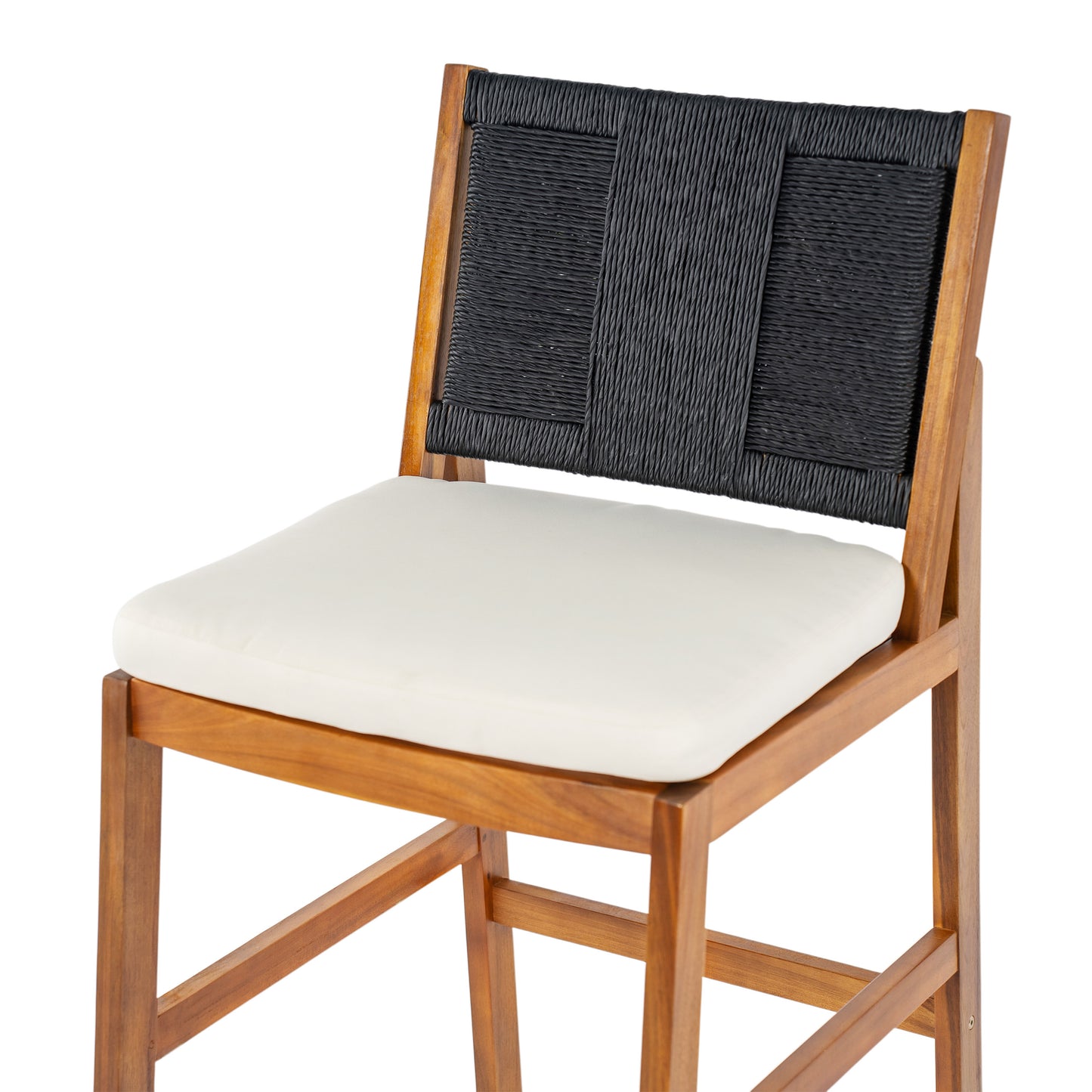 Outdoor Acacia Wood Bar Stools Set of 2 with Cream Cushion & Wicker Back