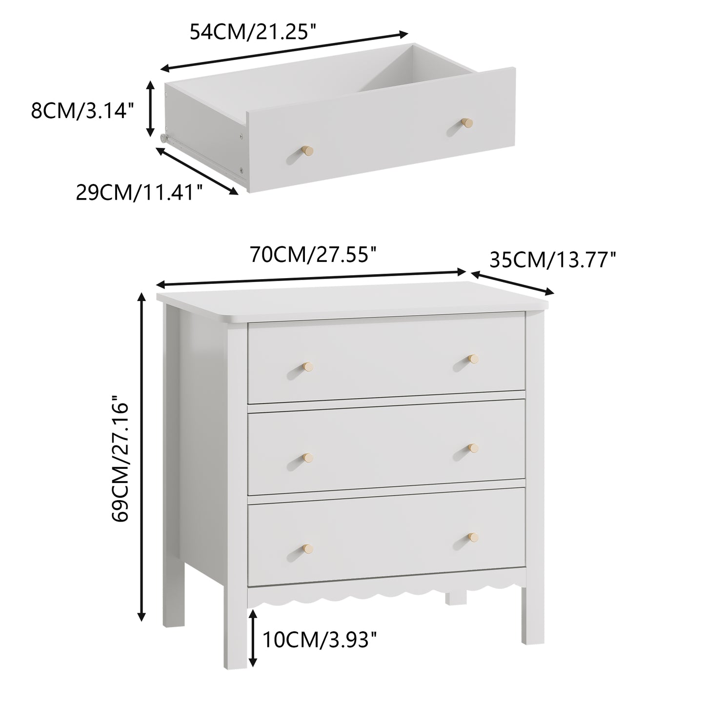 White 3 Drawer Dresser - Modern MDF Storage Cabinet