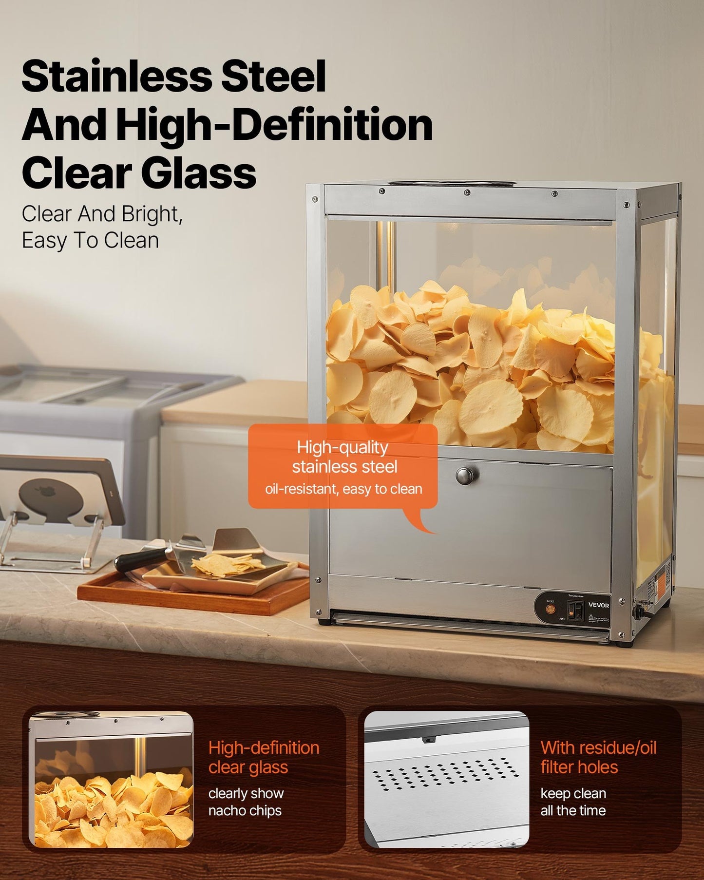 Commercial Nacho Chip Warmer 85QT with Heating Base & Warming Light - Stainless Steel