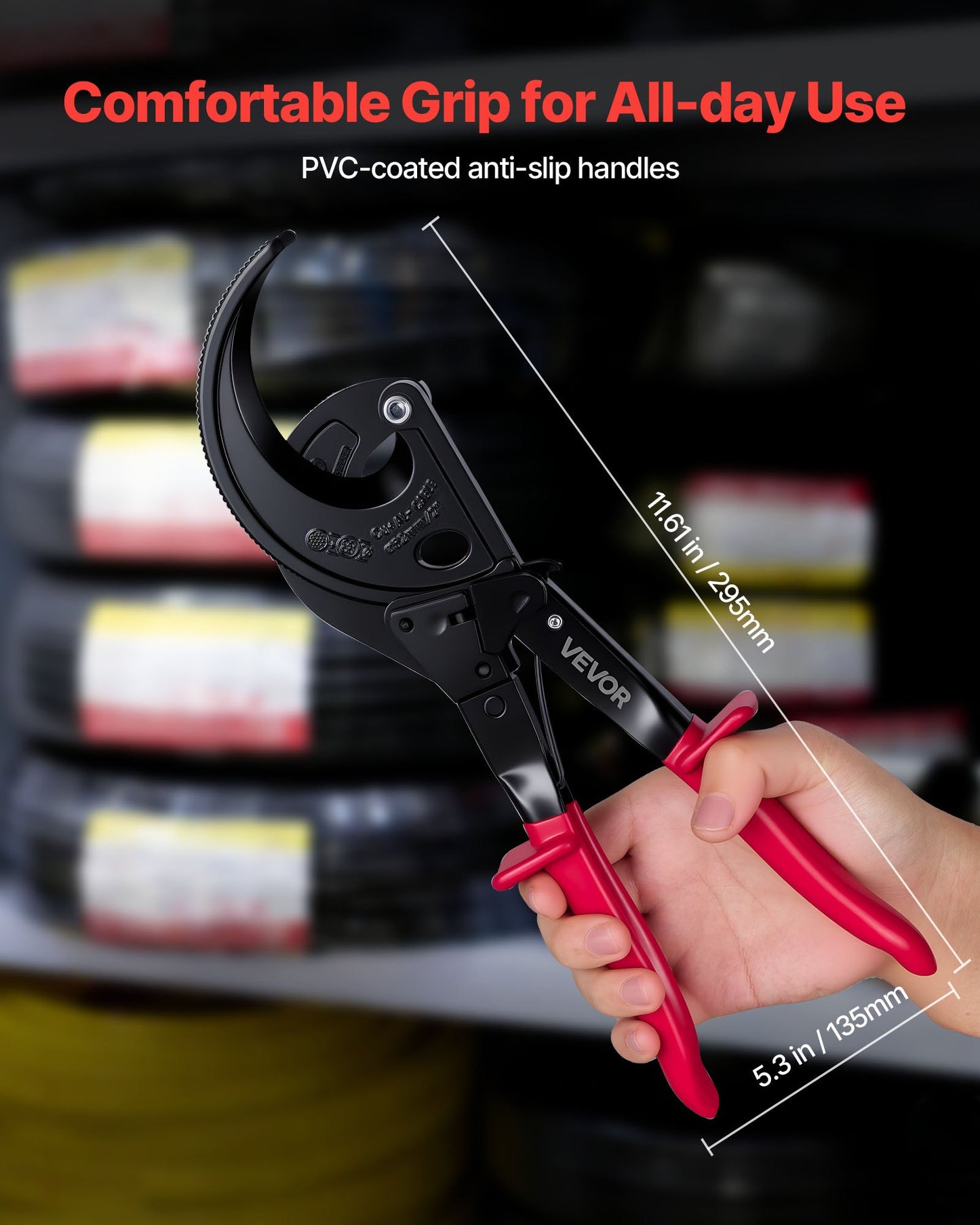 Heavy Duty Ratcheting Cable Cutter for Copper & Aluminum Wires - Insulated Handles, Quick-Release, 800 MCM