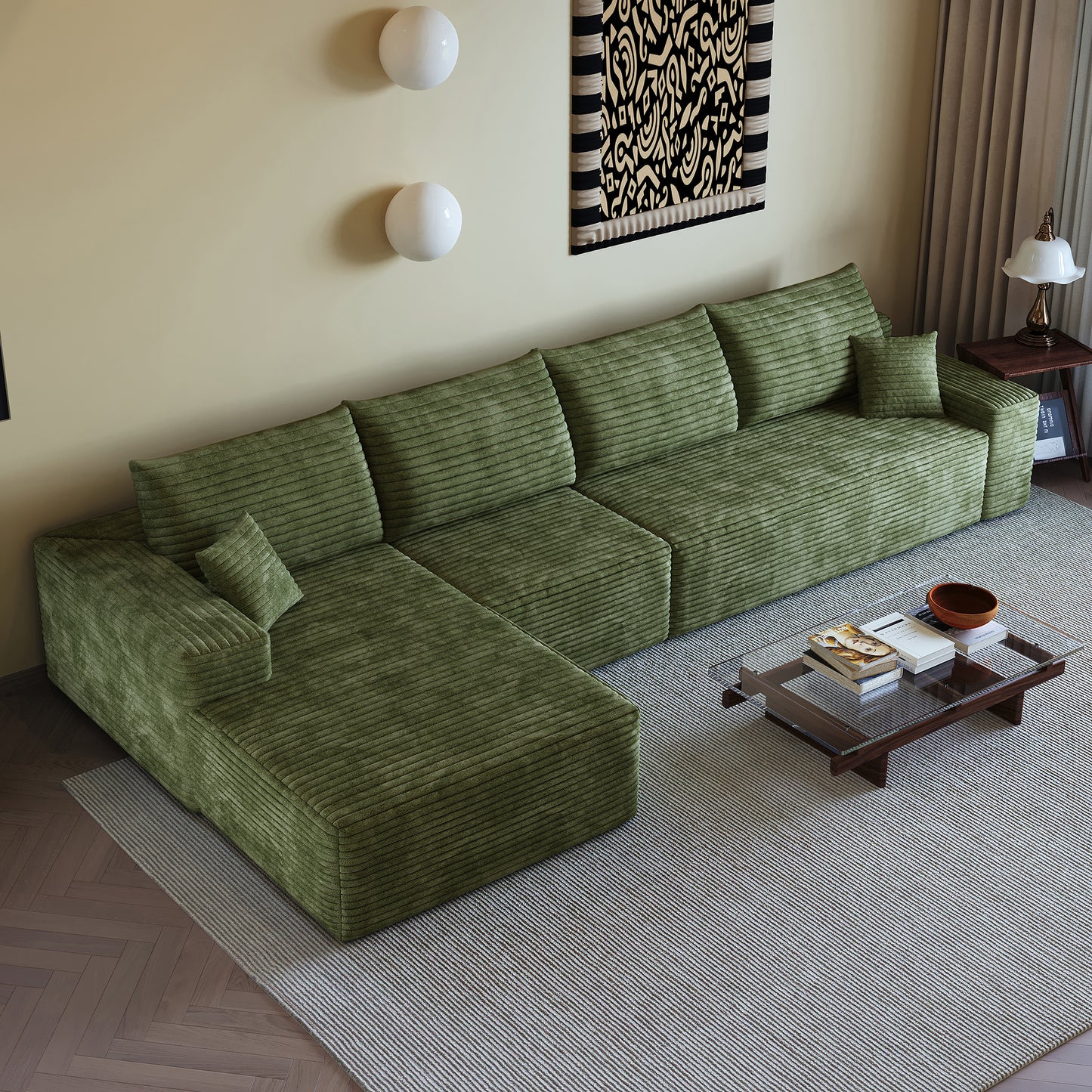 135" Cloud Sectional Couch with L-Shape Chaise - Green Plush Fabric