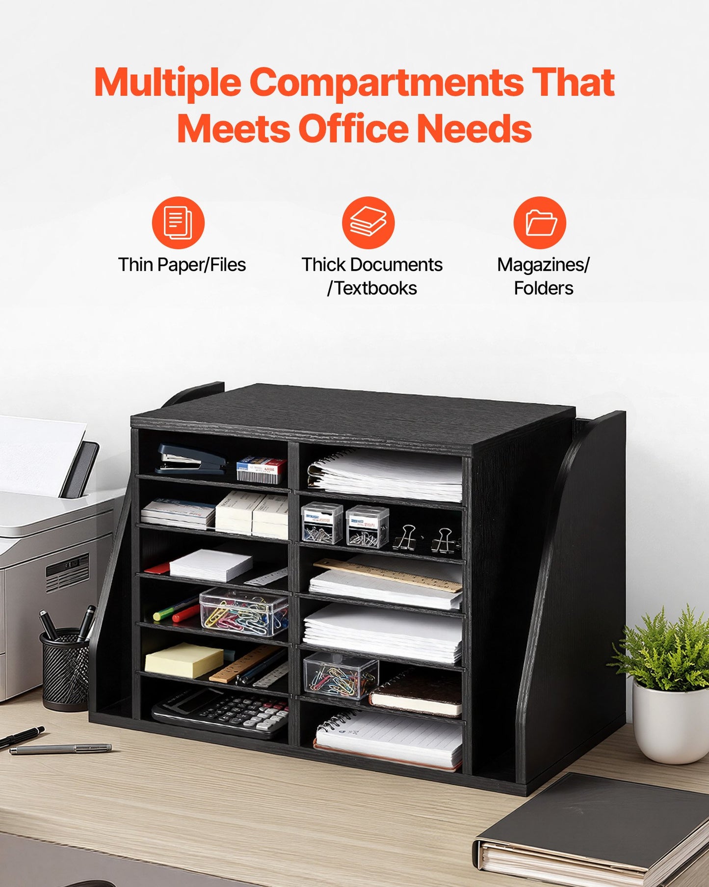 Wooden Literature Organizer with 12 Compartments and Side Storage - Office Desk Mailbox, Black