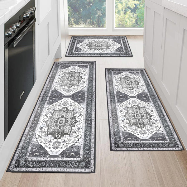Boho Kitchen Rug Set 3 Piece with Runner - Non-Slip, Washable