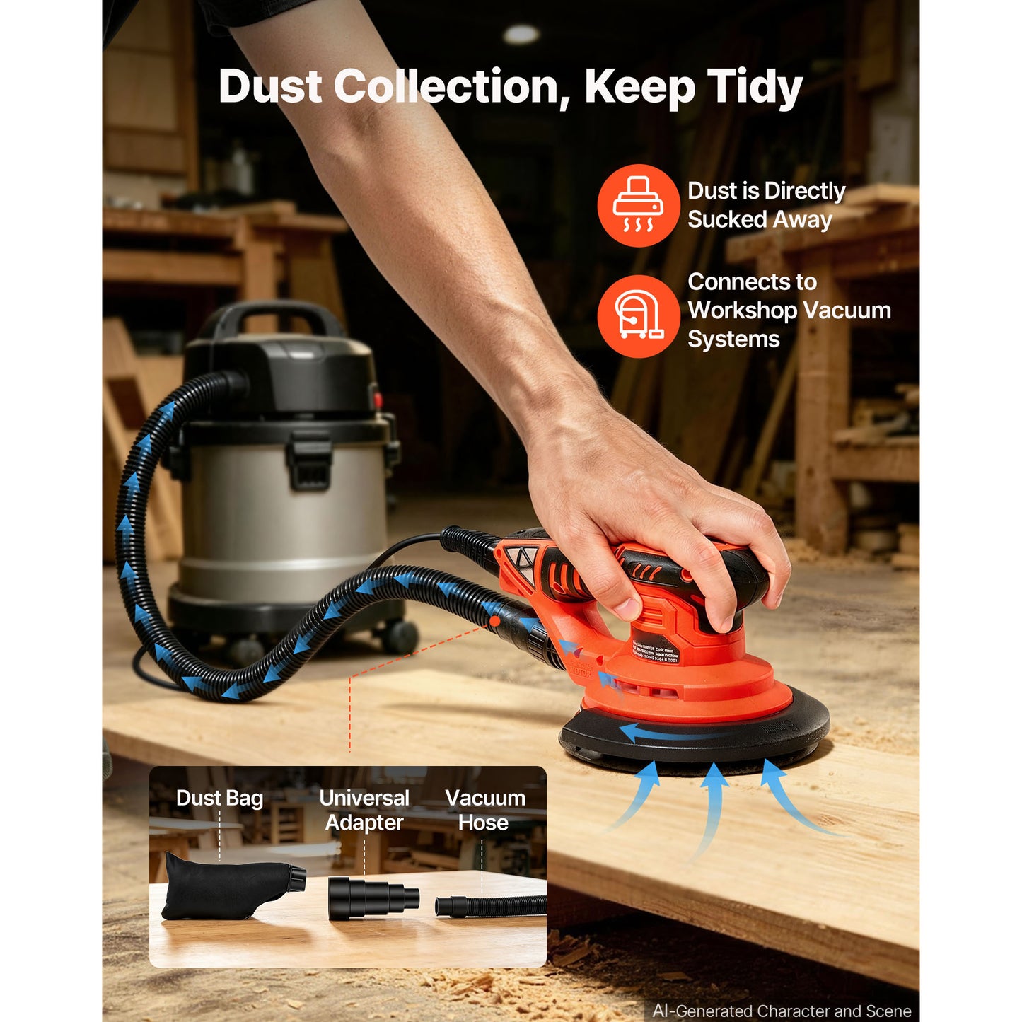 Vevor 6-Inch Random Orbital Sander 400W Brushless 7-Speed Woodworking Tool with Sandpapers