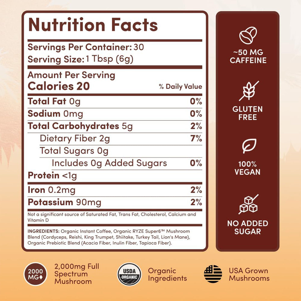 Organic Mushroom Instant Coffee with 6 Adaptogenic Mushrooms - 30 Servings
