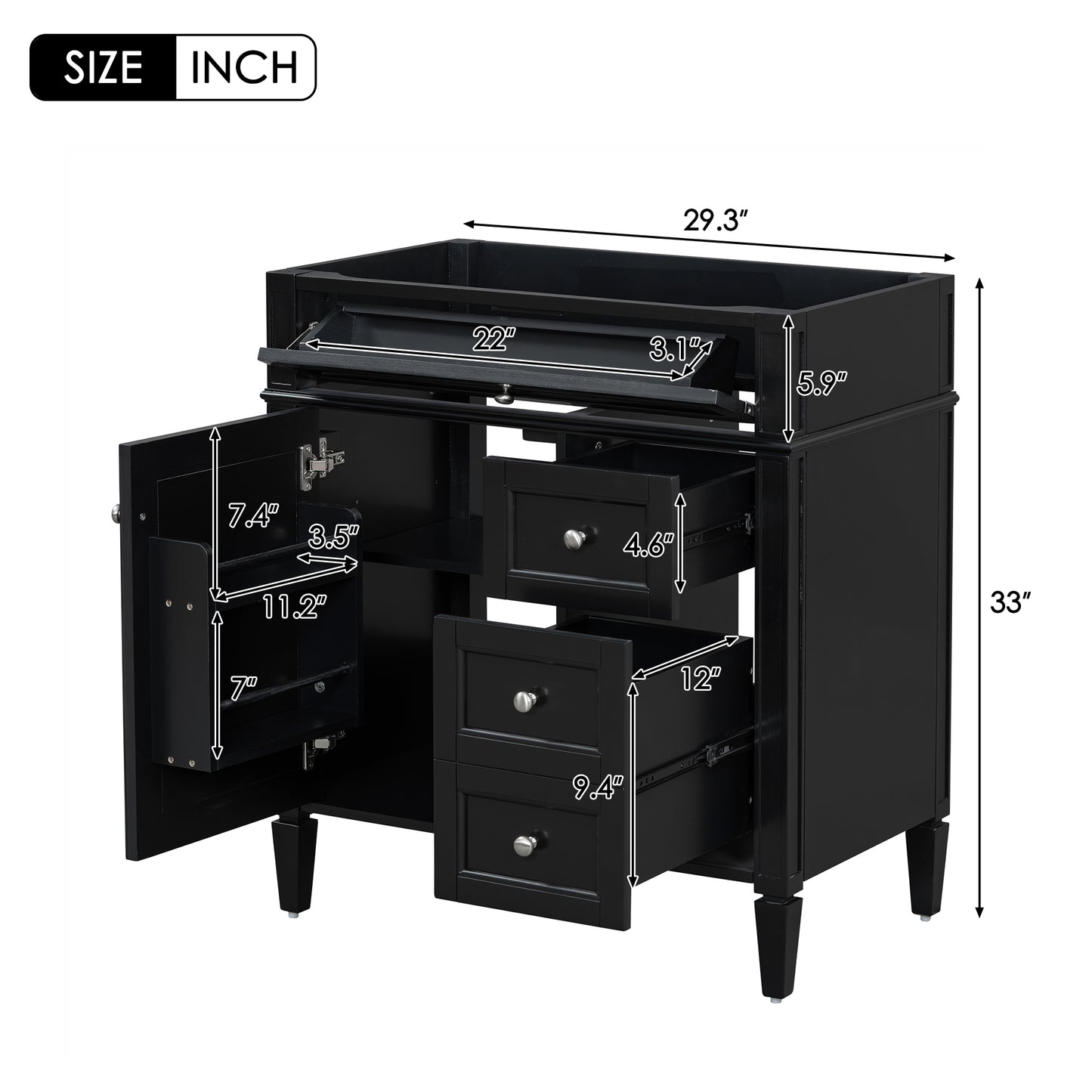 30'' Black Bathroom Vanity Cabinet with 2 Drawers and Tip-Out Drawer