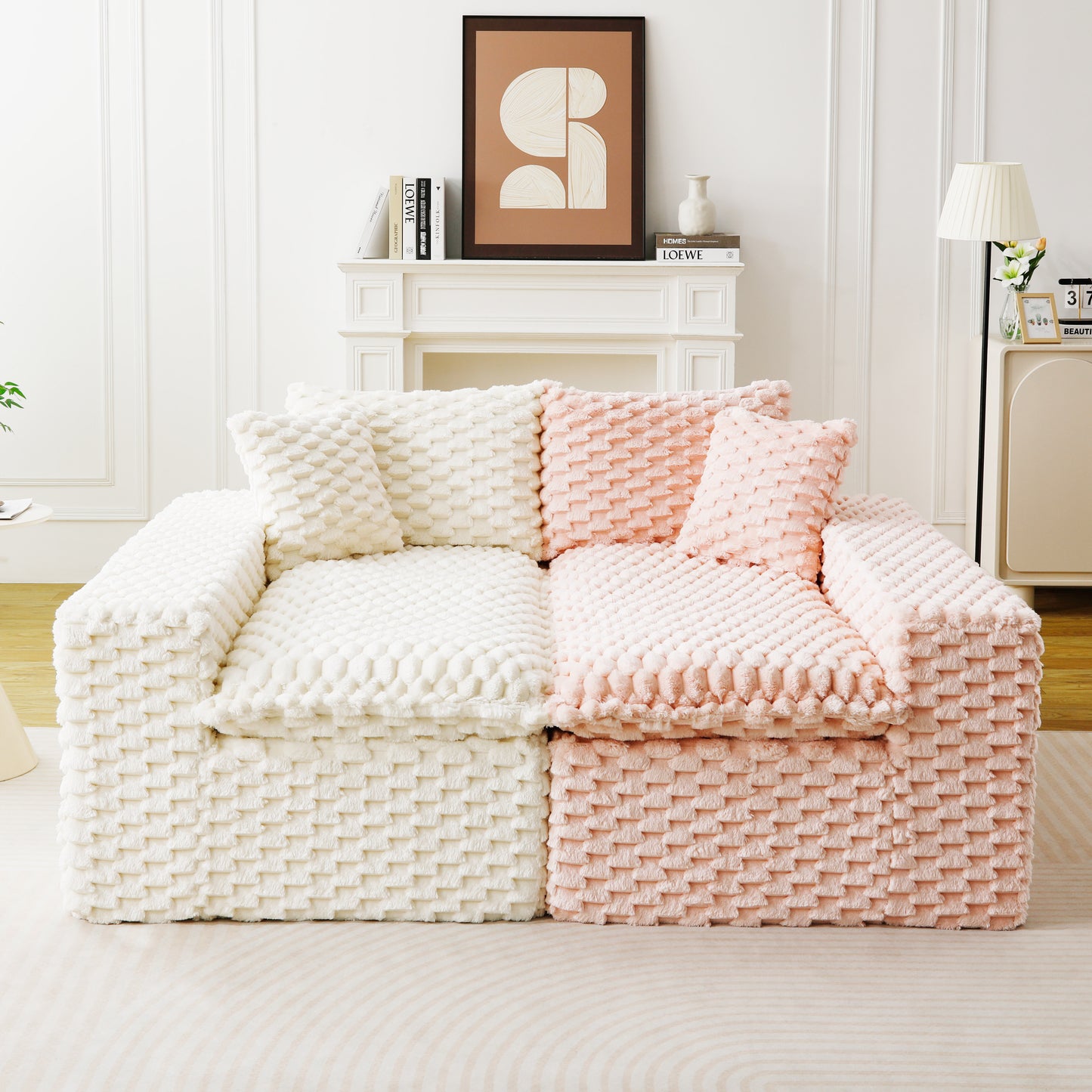 Luxury Color-Block Velvet Multifunctional Sofa - Pink & White