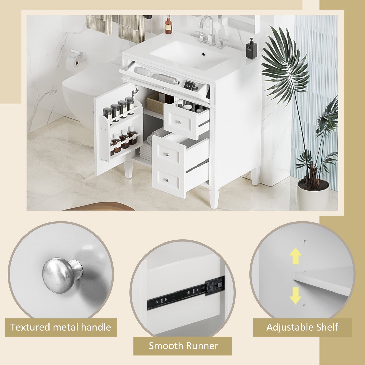 30'' Modern Bathroom Vanity with Top Sink & 2 Drawers - White