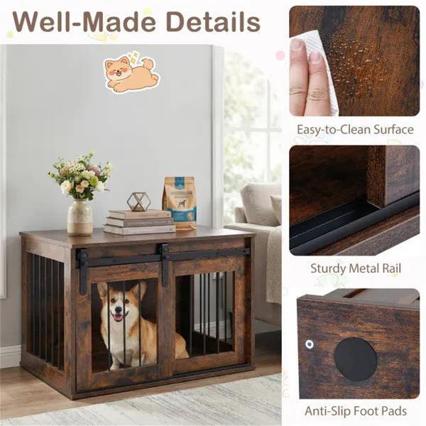 Dog Crate Furniture with Sliding Barn Door - 31.5 Inch Wooden Dog Kennel End Table - Rustic Brown