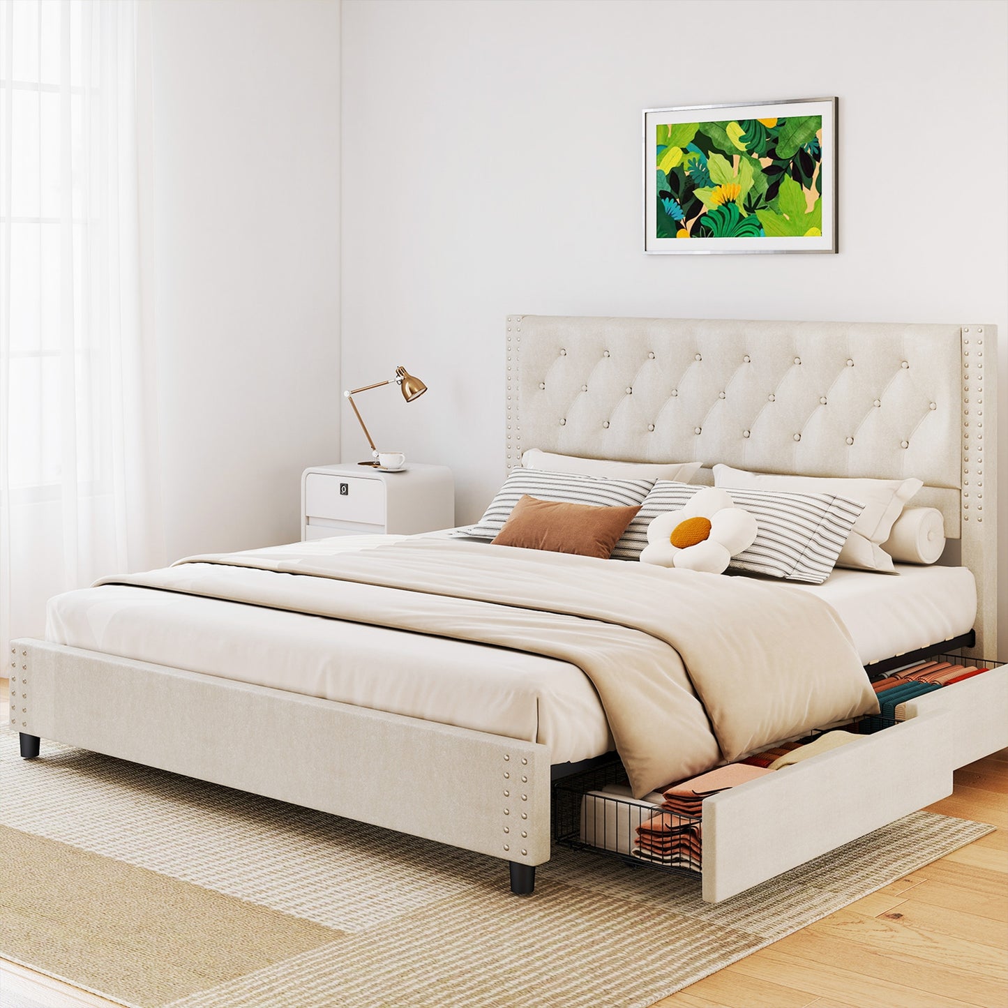 King Size Upholstered Bed Frame with Headboard & 4 Drawers