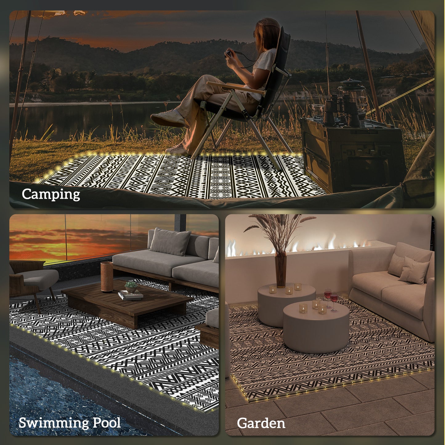 Outdoor Reversible Rug with USB String Lights - 12x9 ft