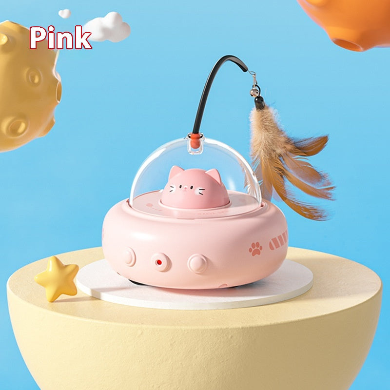 Electric UFO Cat Teaser Toy with Bell & Replaceable Feathers, USB Rechargeable Pet Chase Toy