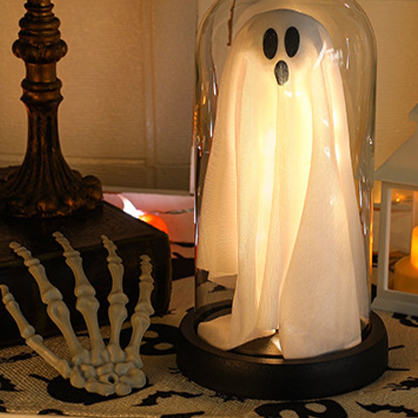 Light Up Ghost in Glass Cloche - Cute Tabletop Decoration