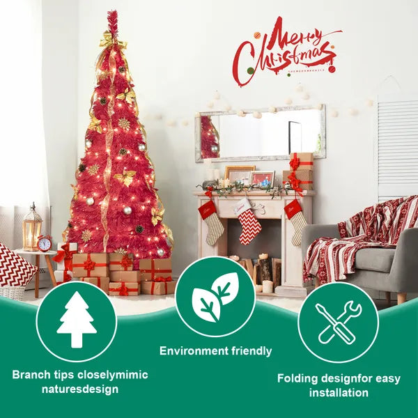 6ft Red Pop-Up Christmas Tree with 150 Lights & Decorations