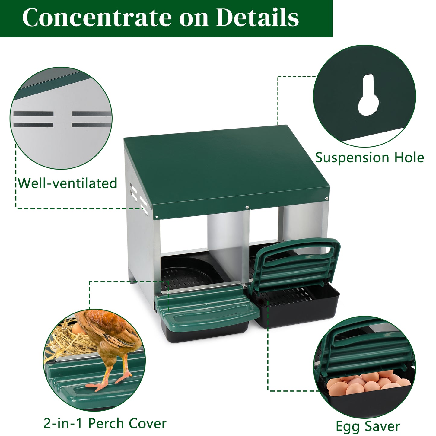 Green Chicken Nesting Box with 2 Compartments 54x52x47cm Poultry Coop Feeder