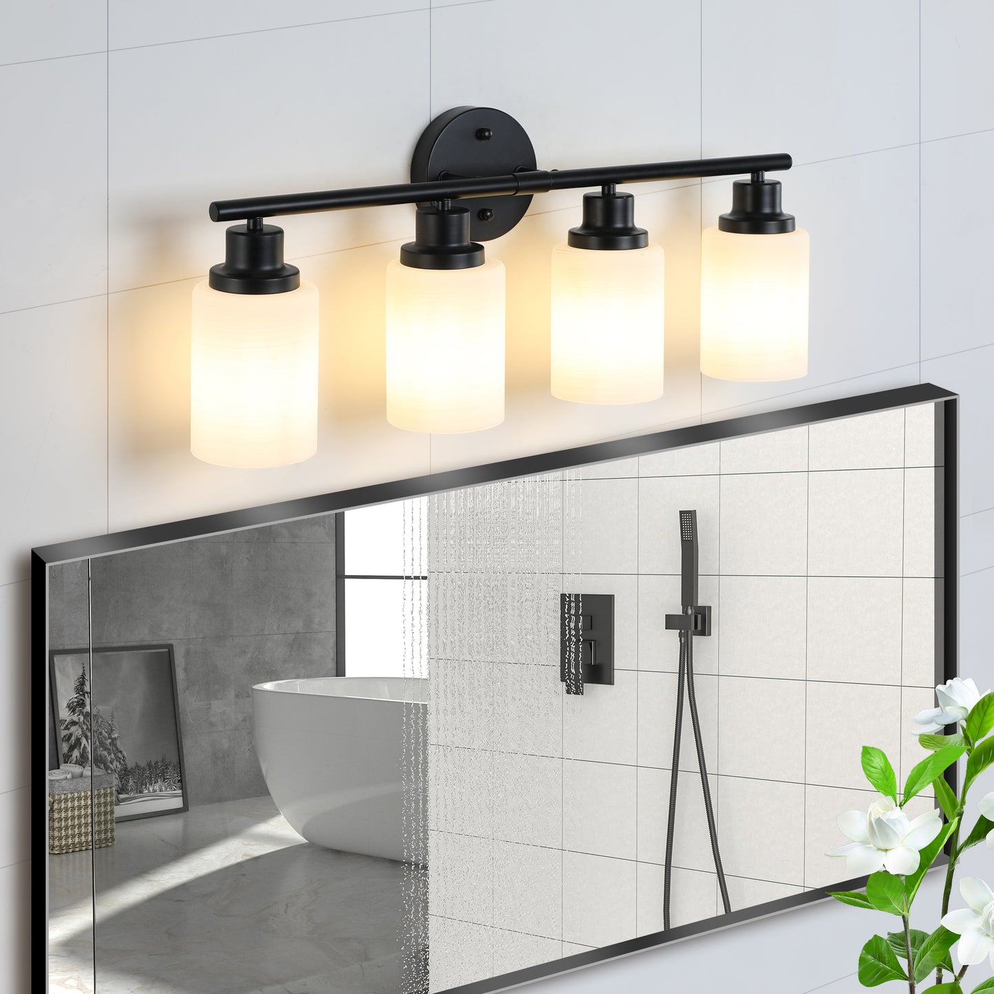 Modern 4-Light Bathroom Vanity Light - Frosted White Glass & Black Iron Frame