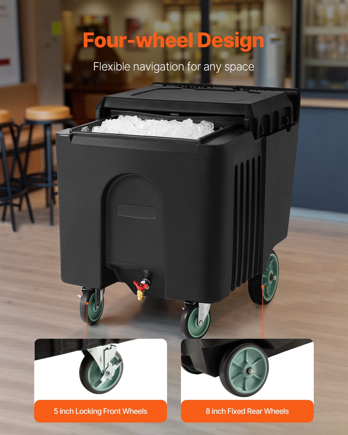 Portable Ice Bin Caddy with Sliding Lid & Wheels - 61.6L