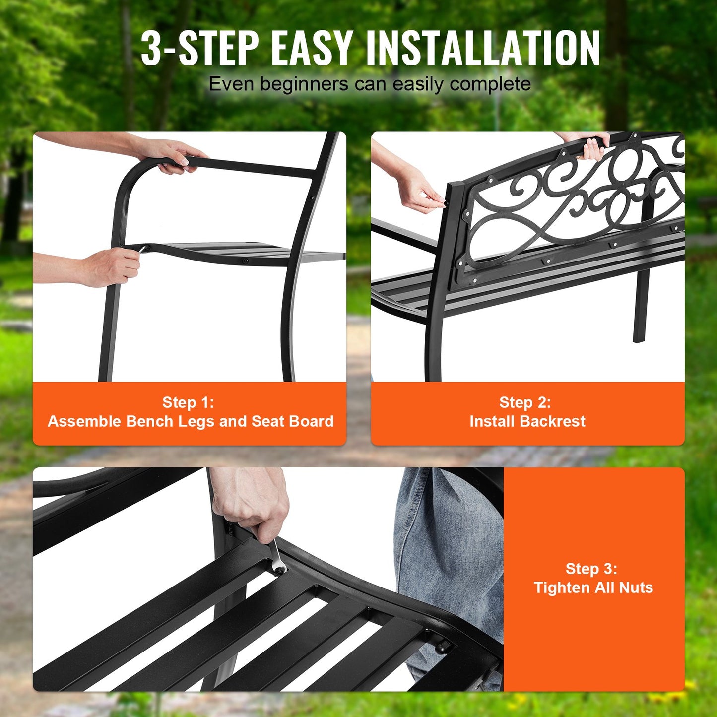 50-Inch Outdoor Metal Garden Bench with Backrest & Armrests, Black