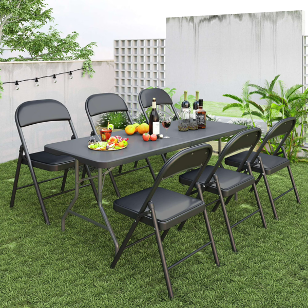 6 Ft Rectangular Black Plastic Folding Table - Seats 8