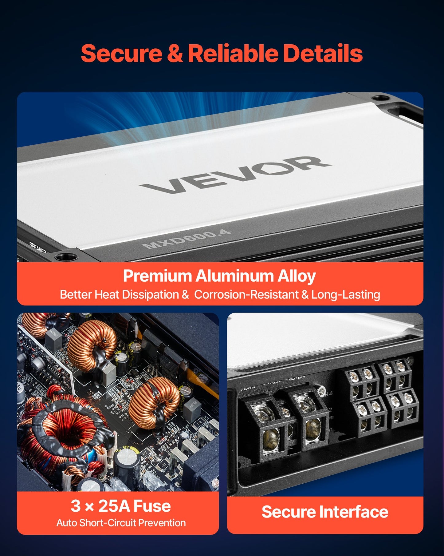4 Channel Car Audio Amplifier 600W Peak, 2 Ohm Stable, Bridgeable Full Range Amp