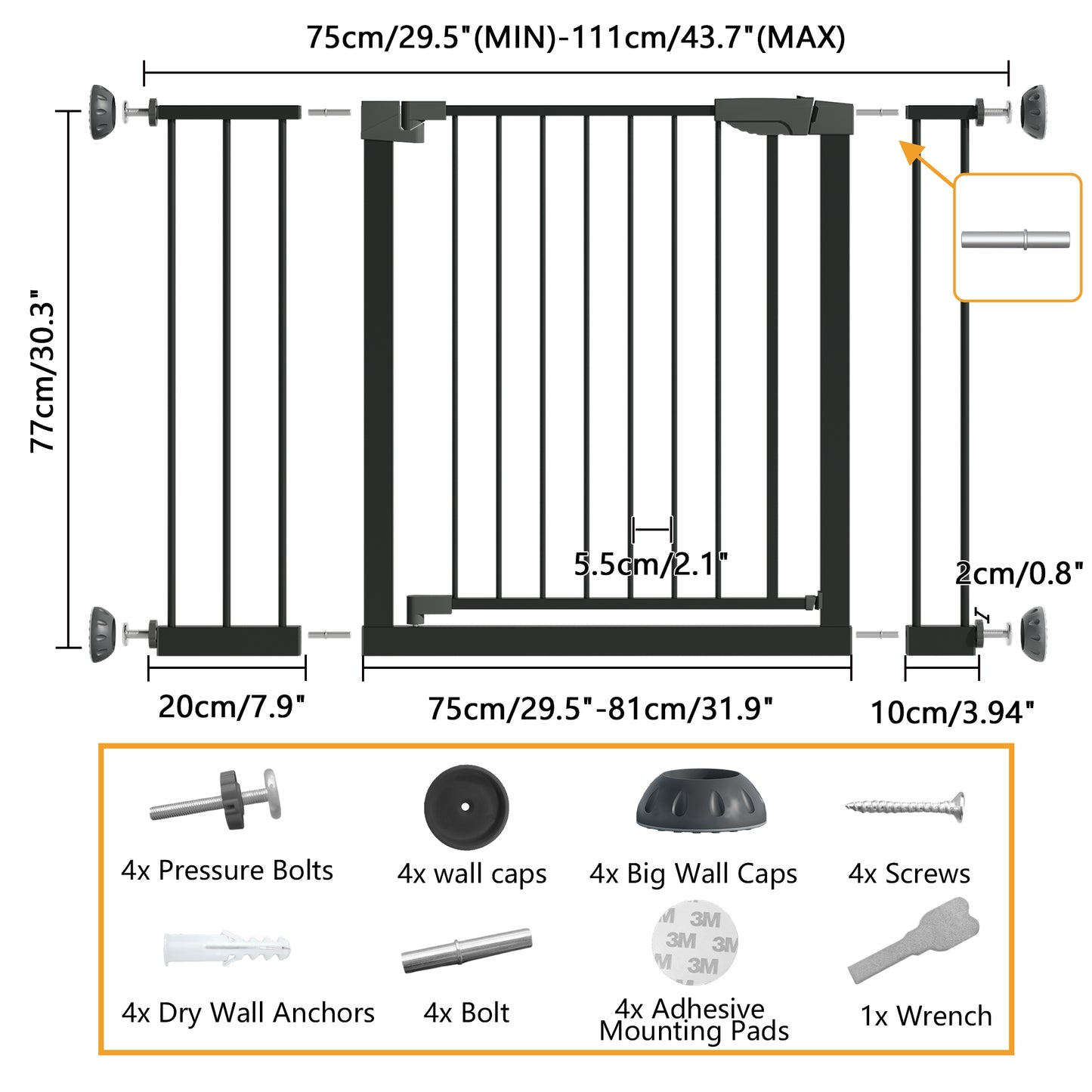 Pressure Mounted Baby Gate with Walk-Through Design - Black
