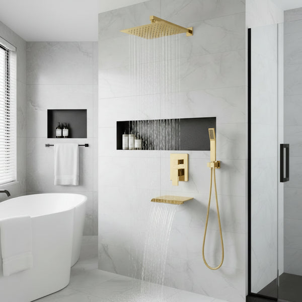 Rain Shower System Brushed Gold 10-Inch Rainfall Shower Head with Handheld Sprayer & Tub Spout