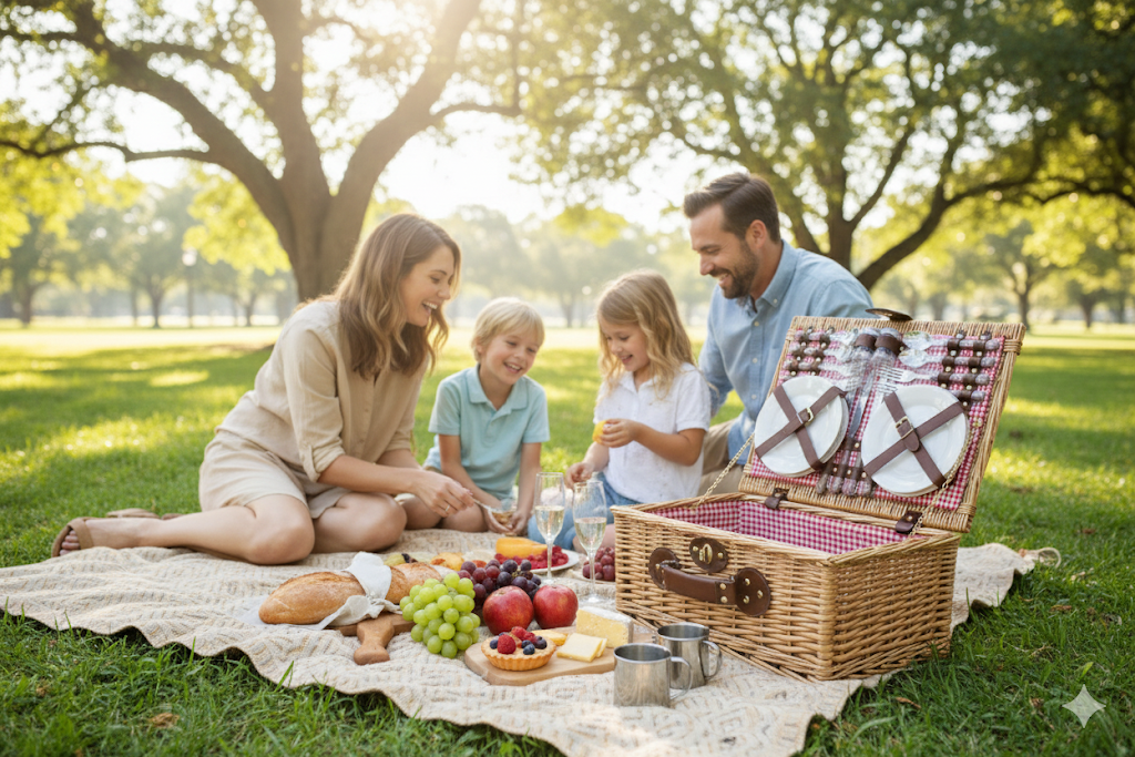 Wicker Picnic Basket Set for Four with Gingham Liner