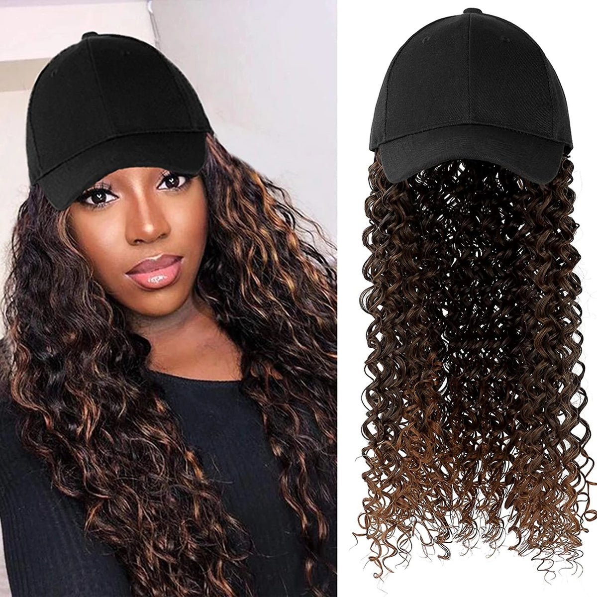 Women's Fashion Headgear with Hat and Wig - Natural Hair & Curl Styles