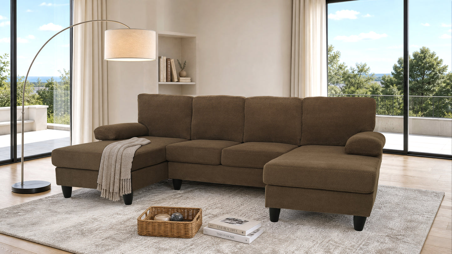 Comfortable U-Shaped Sofa with Dual Chaise & Nubby Upholstery - Coffee