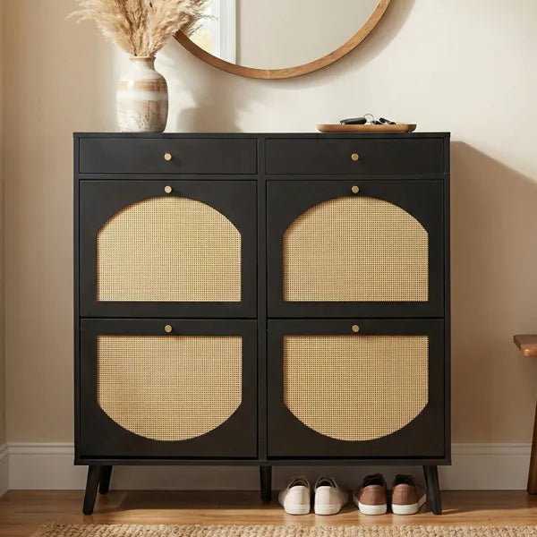 Black Rattan-Front Shoe Cabinet with 2 Drawers and 4 Flip-Down Compartments