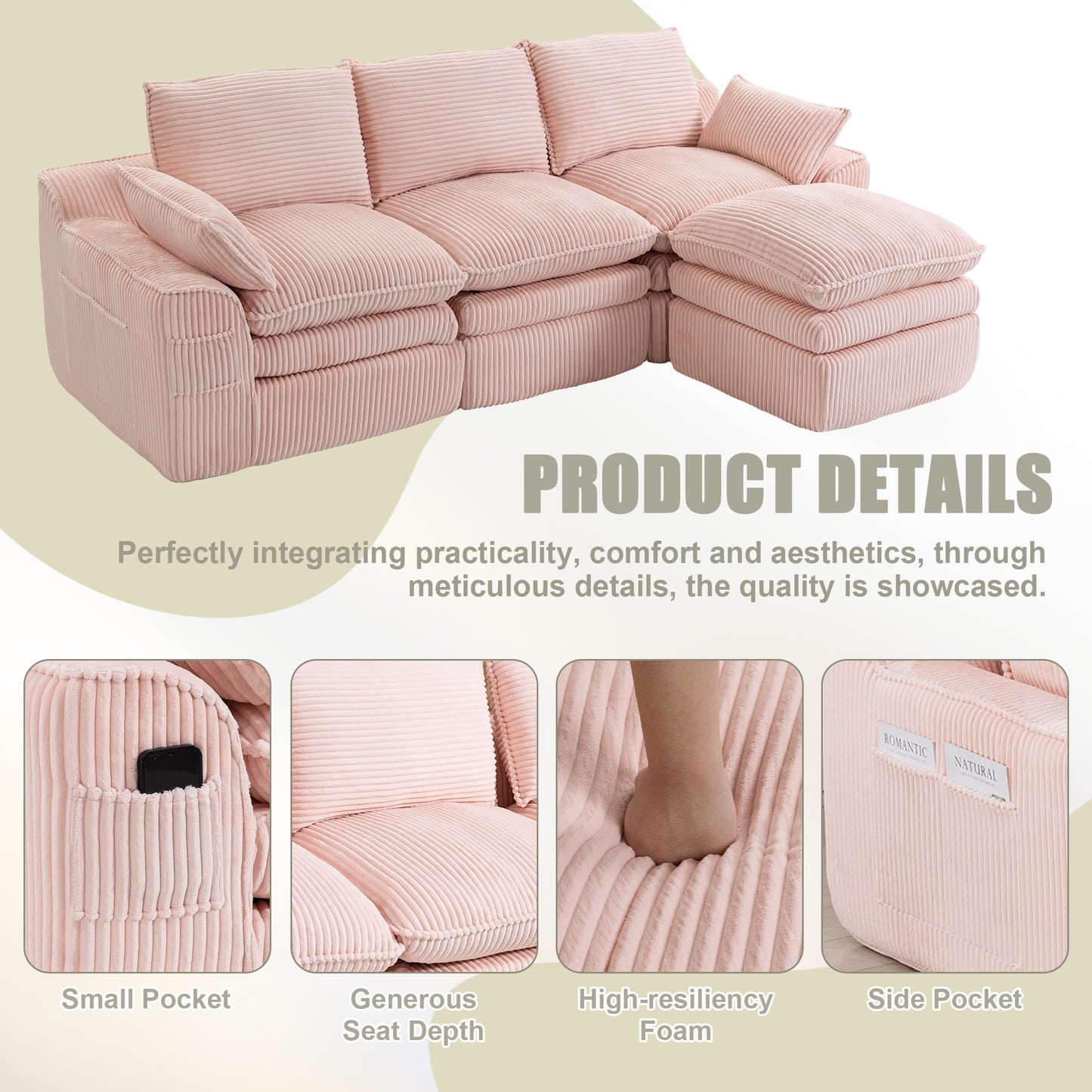 L-Shaped Modular Sectional Sofa - Pink Corduroy with Footstool