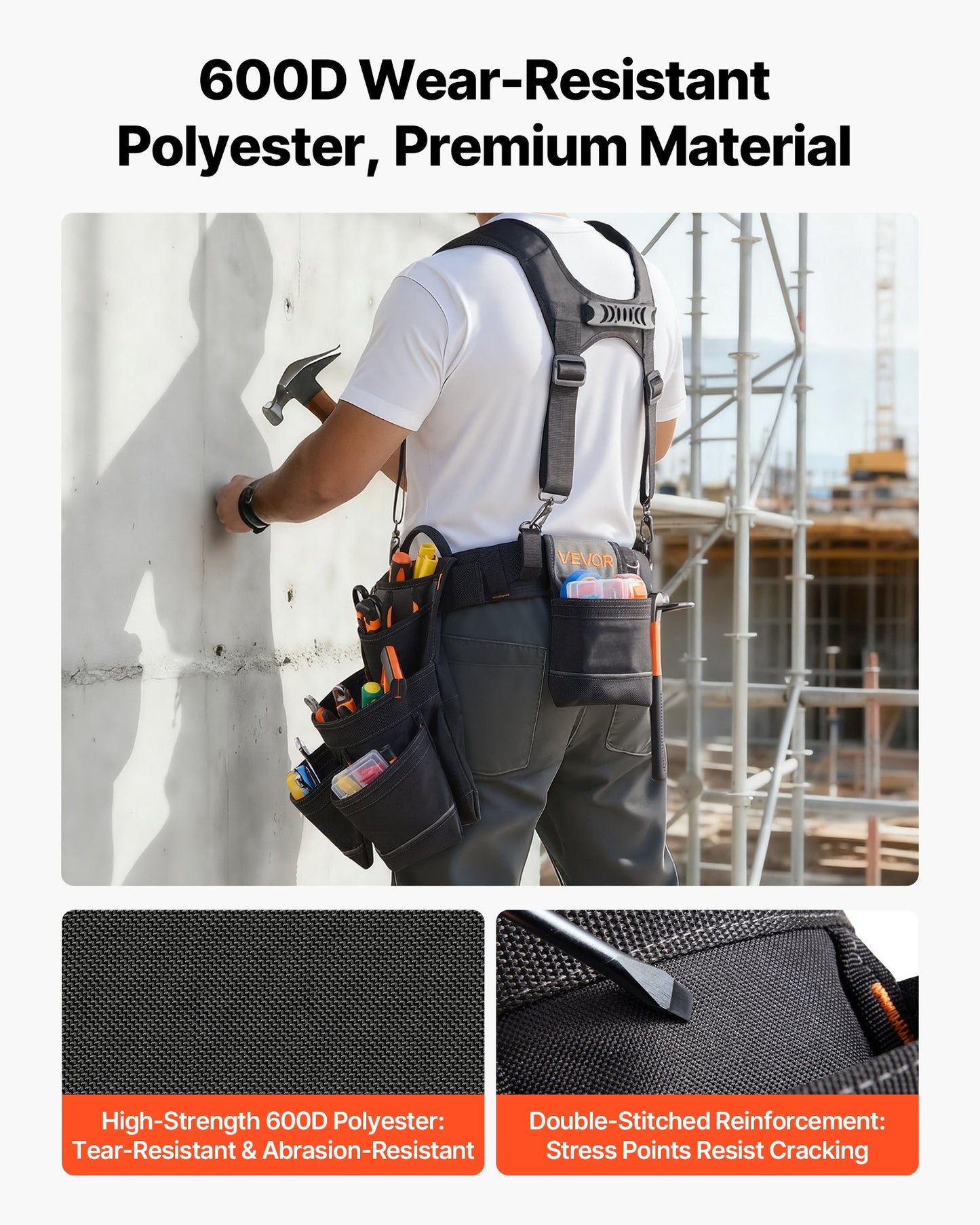 Heavy Duty Tool Belt with 19 Pockets for Construction & Carpentry - Adjustable Waist 31-51in