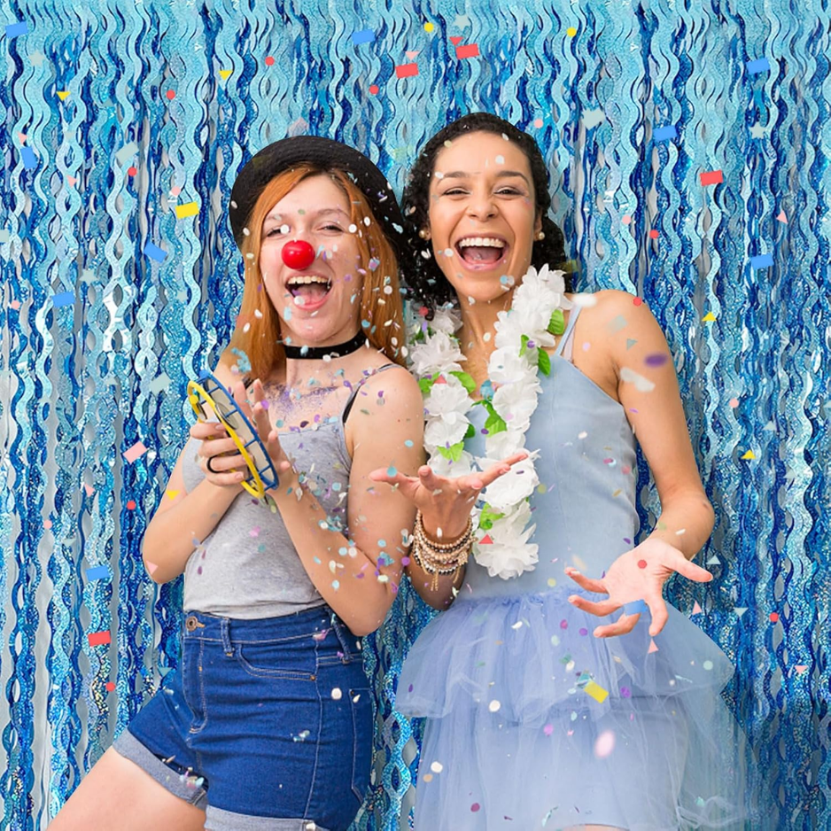 Blue Foil Fringe Backdrop Curtains - 2 Pack for Party Decorations