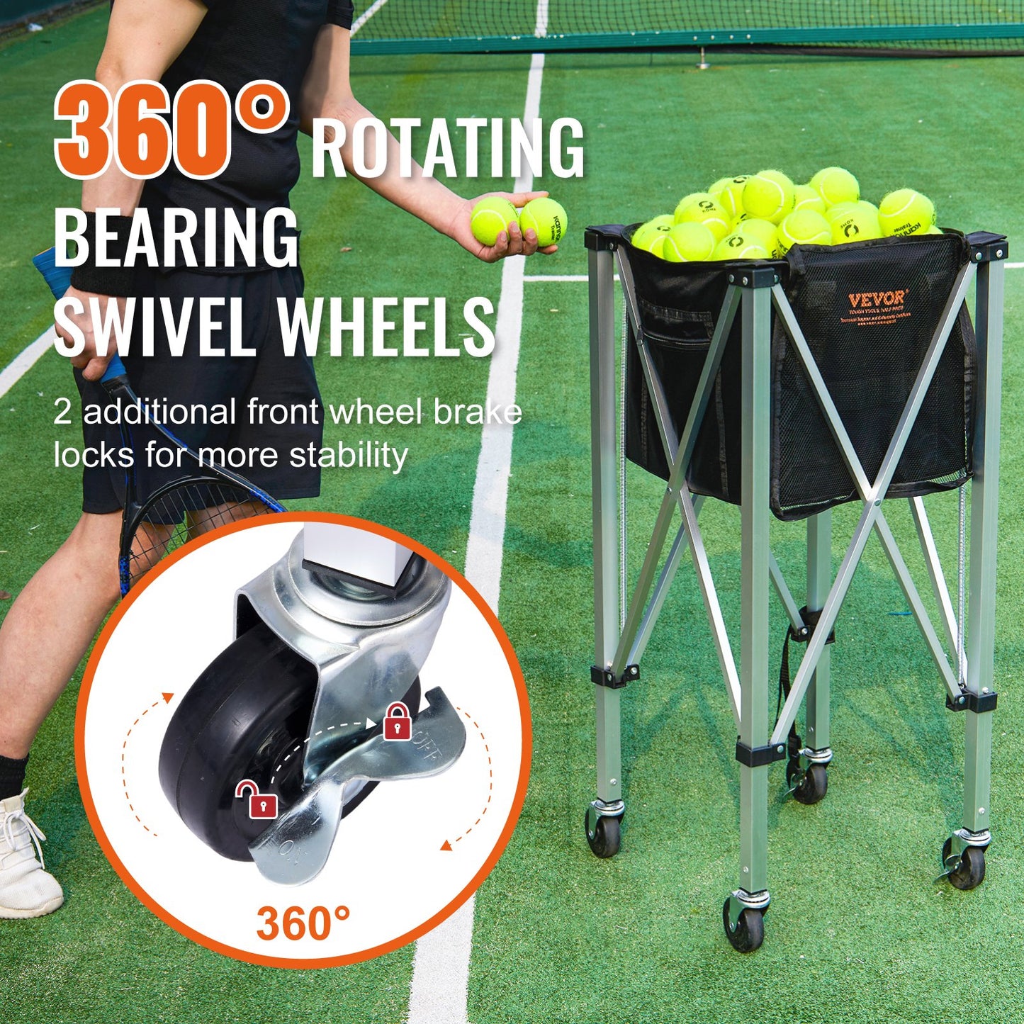 Foldable Tennis Ball Hopper Cart with 150 Capacity, Lightweight Aluminum, Wheels & Removable Bag