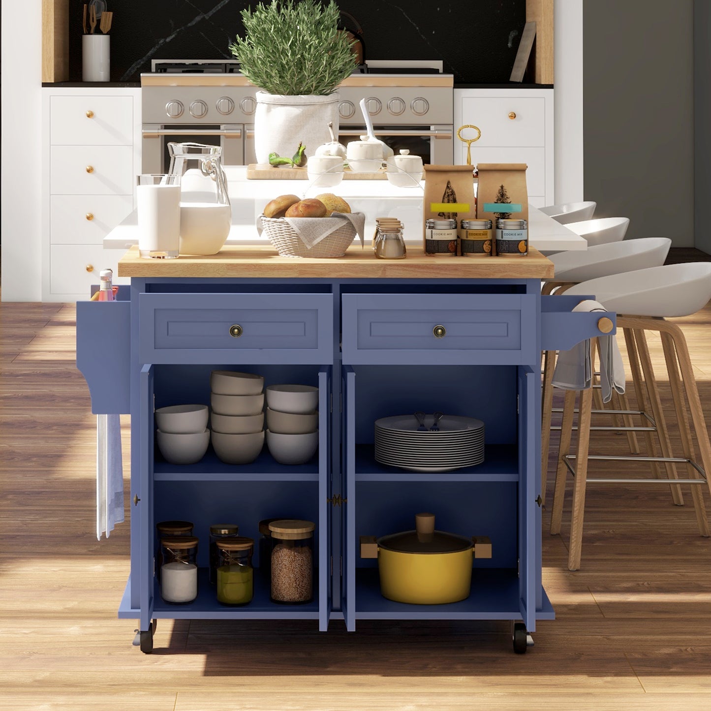 Rolling Kitchen Island on Wheels with Rubberwood Top and Storage - Navy Blue