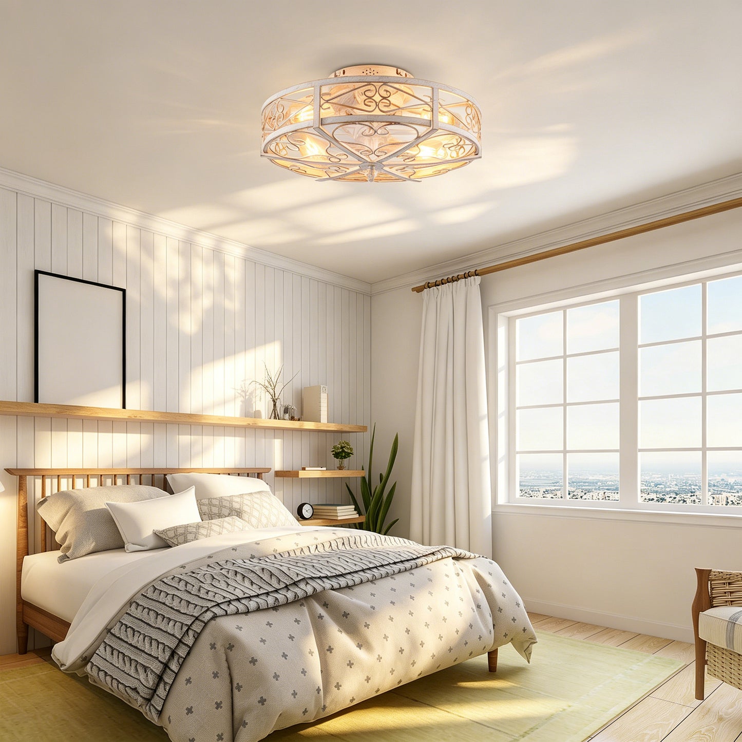 20'' Caged Ceiling Fan with Lights and Remote Control - Retro White